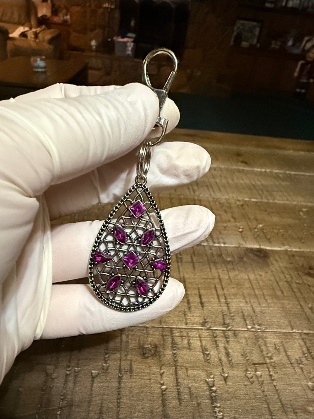 Teardrop Filigree Keychain with Pink Gem Accents - Picture 2 of 2
